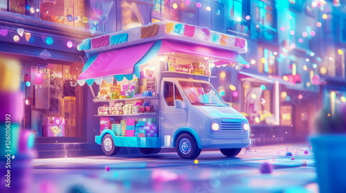 City Sweets: A whimsical, vibrant food truck offers treats on a bustling street, design for greeting card or print.