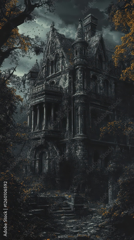 Spooky gothic mansion stands tall amidst overgrown trees and gloom Spooky gothic mansion stands tall amidst overgrown trees and gloom