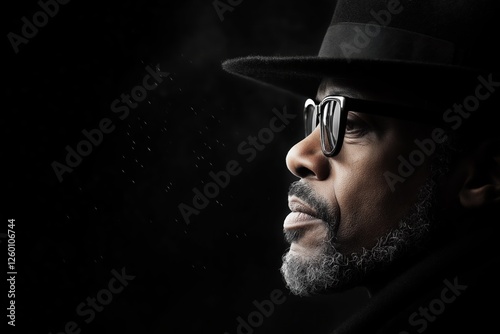 Man with a black hat and glasses gazes thoughtfully against a dark background