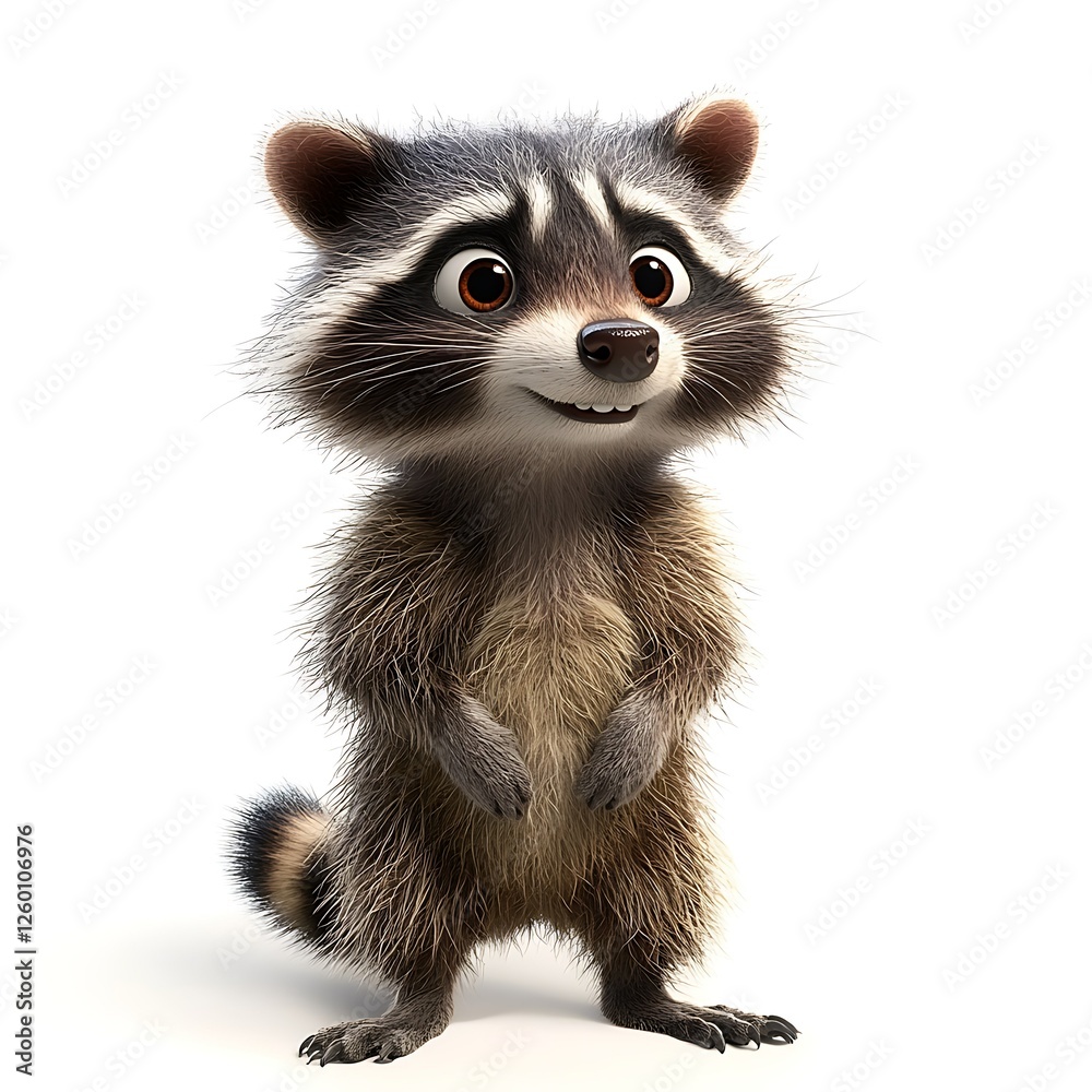 Fototapeta premium Cute cartoon raccoon standing, white background, children's book illustration