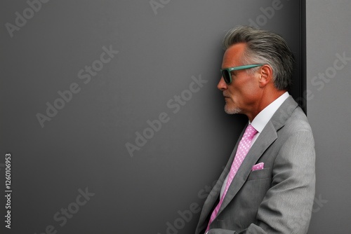 Smartly dressed man leaning against a gray wall with sunglasses and pink tie in a stylish pose on a sunny day