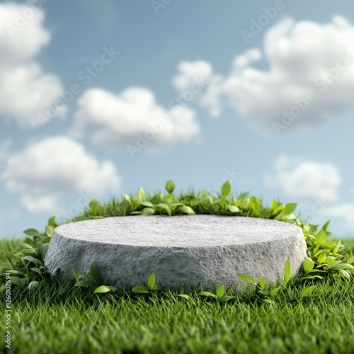 Empty blue round podium surrounded by natural greenery and spring sky with soft clouds