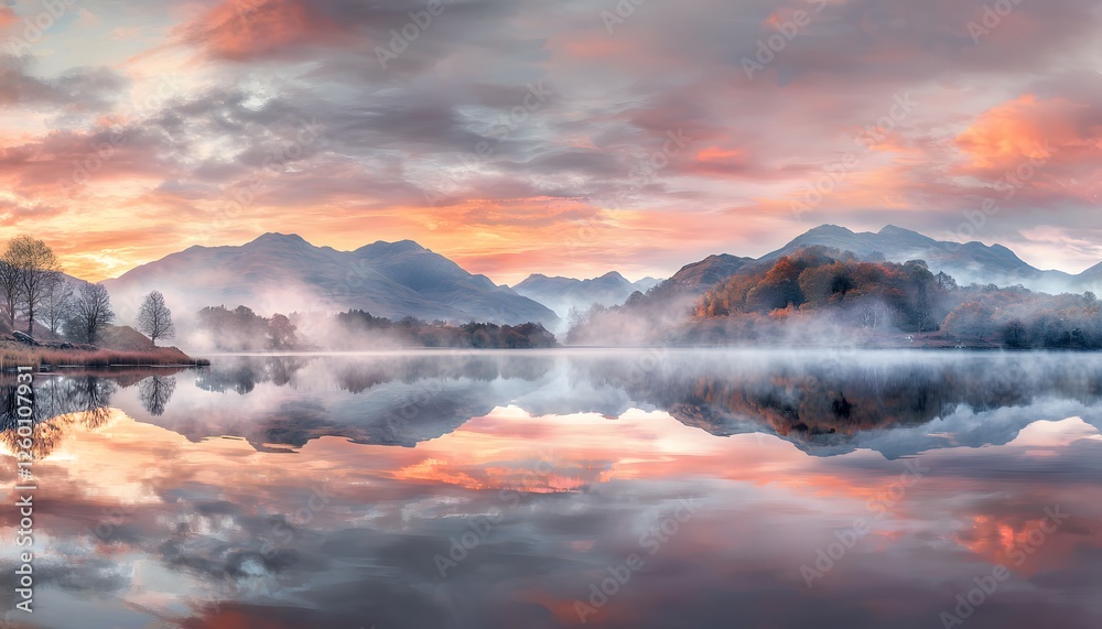 A magical sunrise over a calm lake, with vibrant pink and orange hues reflected perfectly in the still water and soft mist lingering above A magical sunrise over a calm lake, with vibrant pink and orange hues reflected perfectly in the still water and soft mist lingering above