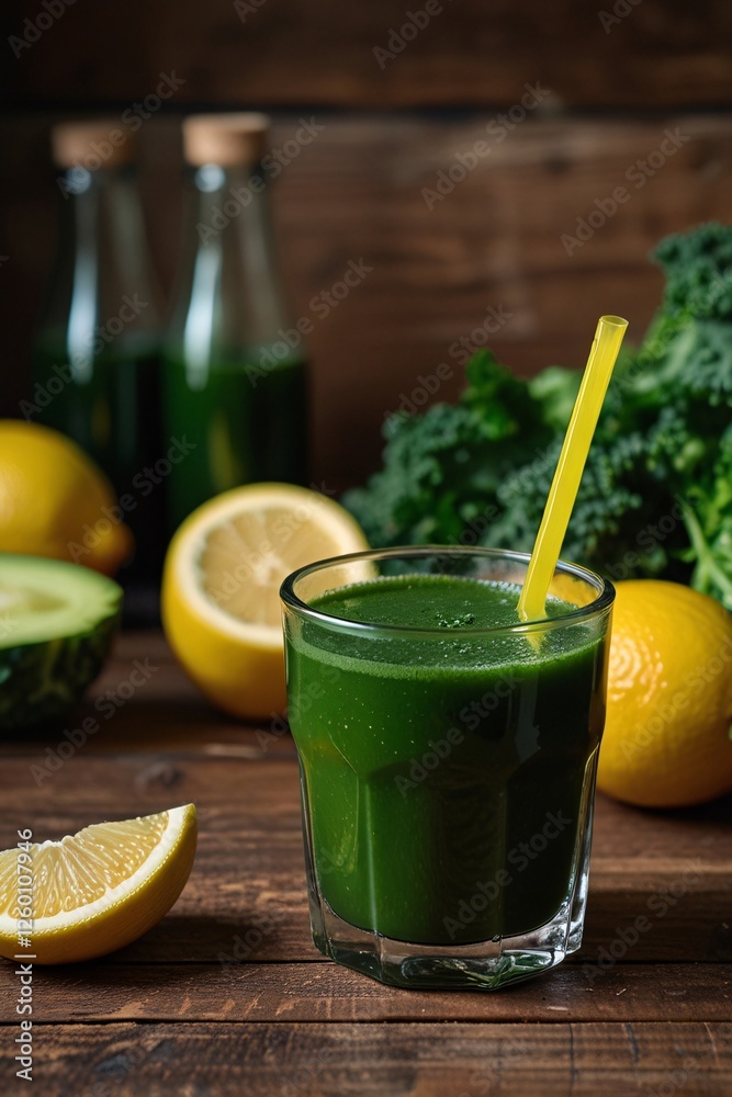 Fototapeta premium A vibrant glass of green detox juice placed on a wooden table, surrounded by fresh ingredients like kale, lemon, and ginger, with a glowing healthy aura around it.