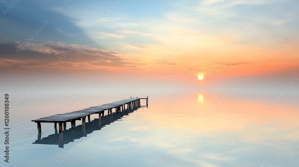 Obraz premium A tranquil lake at sunset, with the water's surface perfectly mirroring the fiery colors of the sky, while a lone wooden pier extends into the stillness of the scene