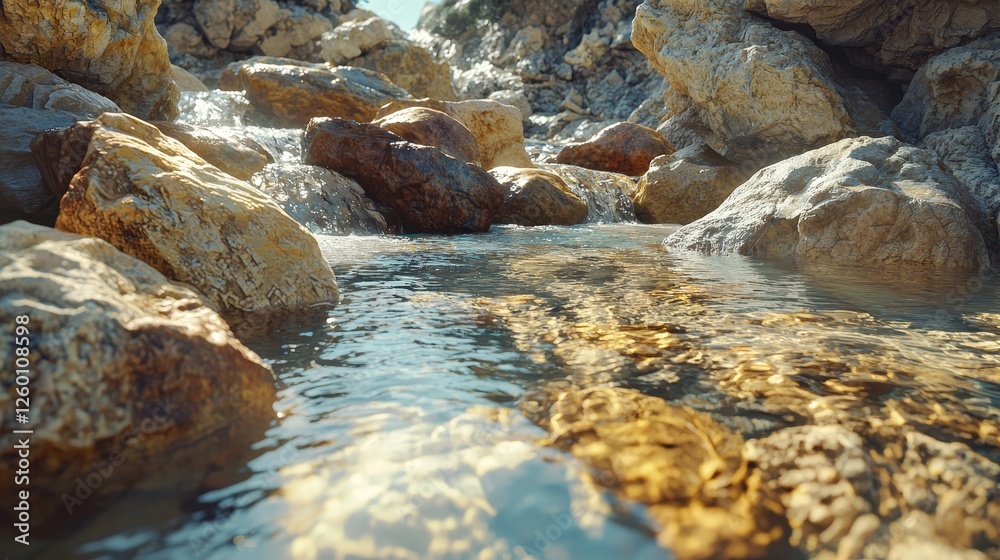 A crystal-clear stream gently cascading between porous, weathered rocks, sunlight reflecting off the water, earth-toned hues, high detail, photorealistic style A crystal-clear stream gently cascading between porous, weathered rocks, sunlight reflecting off the water, earth-toned hues, high detail, photorealistic style