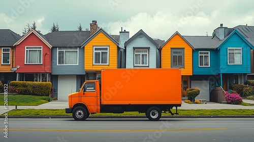 Bright orange truck parked along colorful houses on a suburban street in daylight