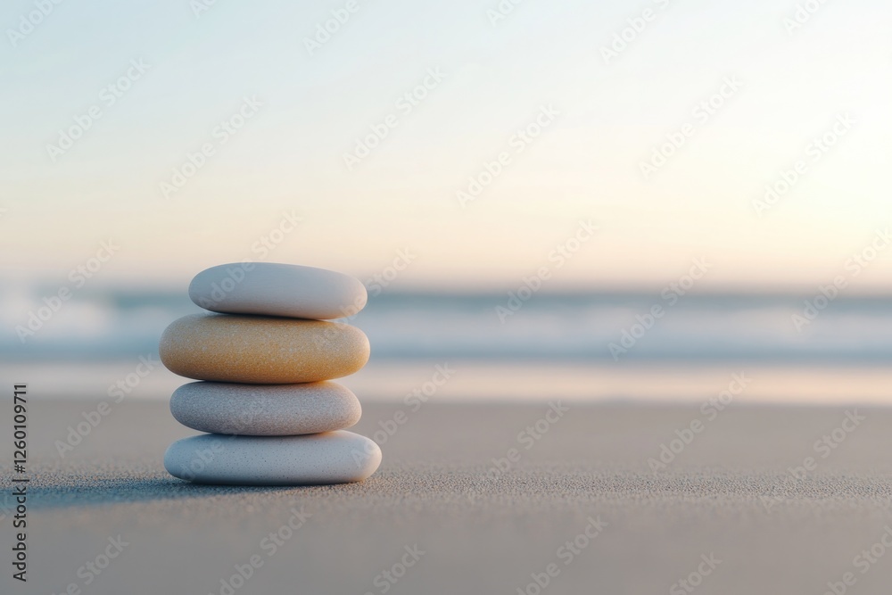 Balanced stones create serene focal point against tranquil seasc Balanced stones create serene focal point against tranquil seasc