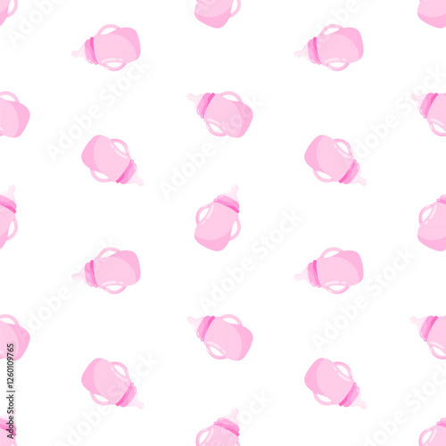 Pink baby bottles vector seamless pattern. Infant nutrition, newborn feeding, nursing background