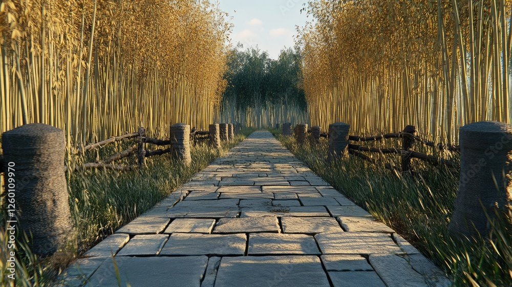 Fototapeta premium A bamboo forest path leading into the distance, with open space in the foreground for adding promotional content.
