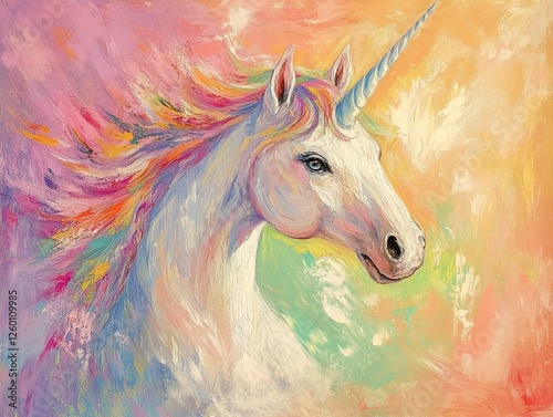 Majestic unicorn portrait, rainbow mane, pastel background, fantasy art, children's book