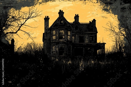 Spooky abandoned mansion sits beneath an eerie yellow sky photo