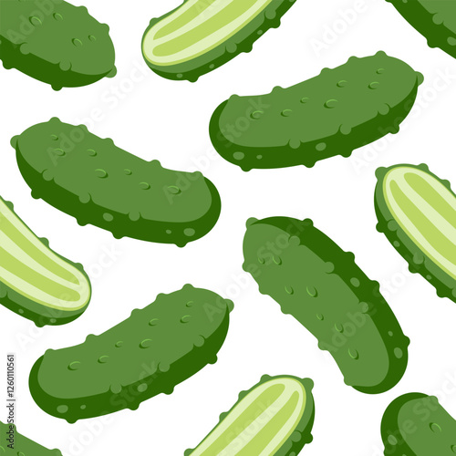 Whole cucumber vector cartoon seamless pattern on a white background.