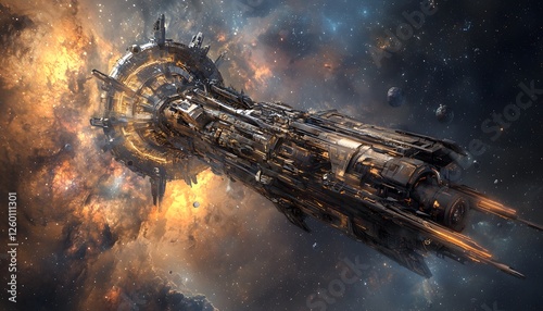 Fototapeta Naklejka Na Ścianę i Meble -  A futuristic space station with sleek metallic designs, glowing lights, and a backdrop of vibrant cosmic colors, creating a bold and cinematic sci-fi environment