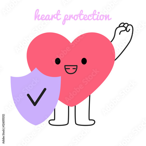 Heart protection concept. Cute cartoon heart character standing with shield and checkmark. Safety, defense, insurance, security symbol. Isolated vector illustration