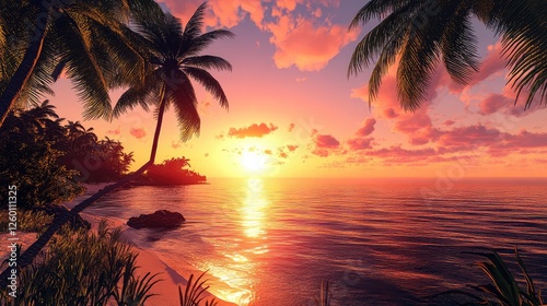 A breathtaking sunset over a tropical island, golden light reflecting on the calm ocean waters.