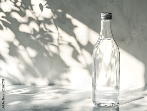 Elegant Glass Water Bottle with Crystal Clear Liquid on a White Marble Background, Highlighting Freshness and Wellness Concepts photo