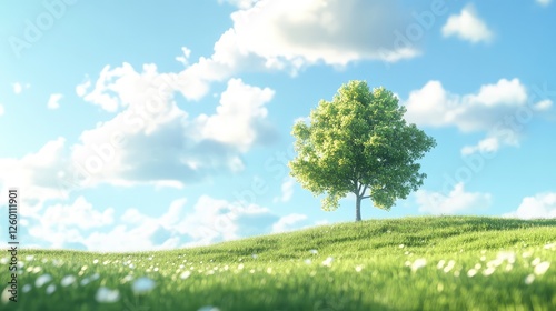 A calm scene with a lone tree in the middle of a field, clear skies, and a wide-open horizon for copy.