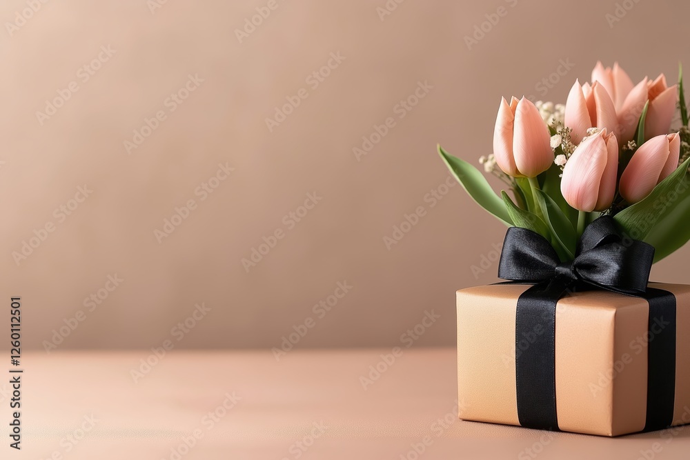 Magenta tulips beautifully arranged with a navy ribbon against a soft peach background for elegant home decor or special occasions Magenta tulips beautifully arranged with a navy ribbon against a soft peach background for elegant home decor or special occasions