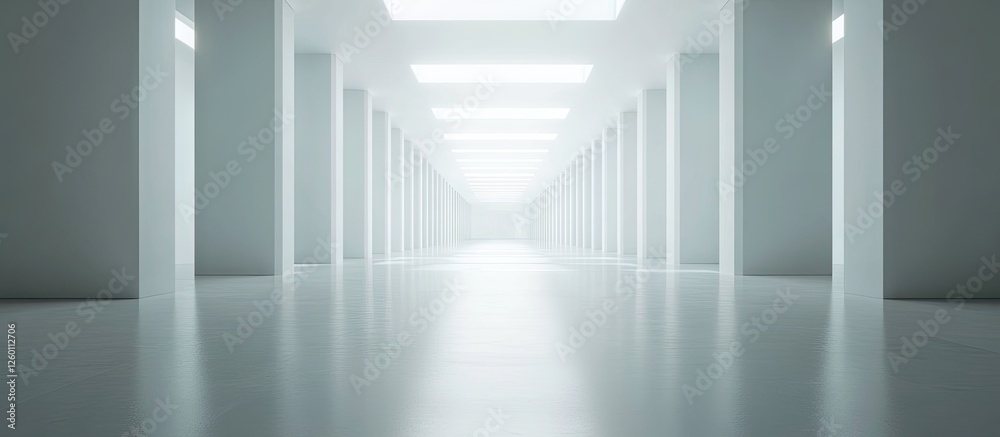 Minimalist exhibition hall with white walls and columns, bright ceiling lights illuminating a spacious corridor, creating a serene atmosphere. Minimalist exhibition hall with white walls and columns, bright ceiling lights illuminating a spacious corridor, creating a serene atmosphere.