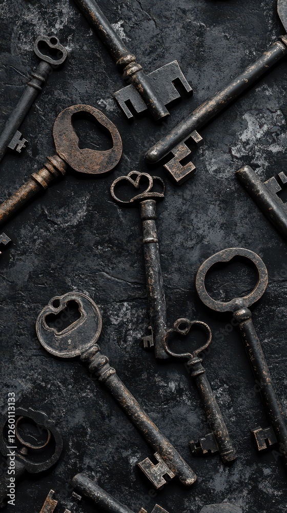 Antique keys are scattered on a dark textured surface Antique keys are scattered on a dark textured surface