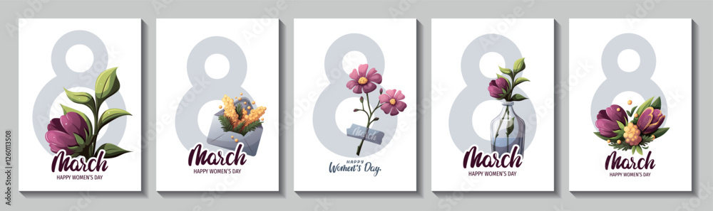 Fototapeta Happy Women's Day card design with flowers. March 8 greeting card. Vector illustration for card, cover, poster, postcard.