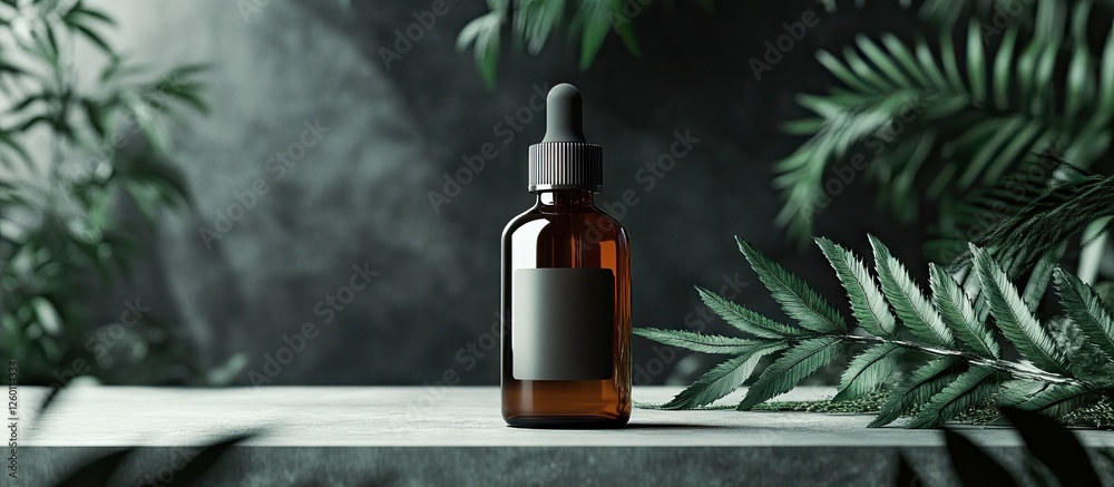 Brown amber glass dropper bottle on a rustic white table with green foliage in the background creating a natural and authentic product presentation.
