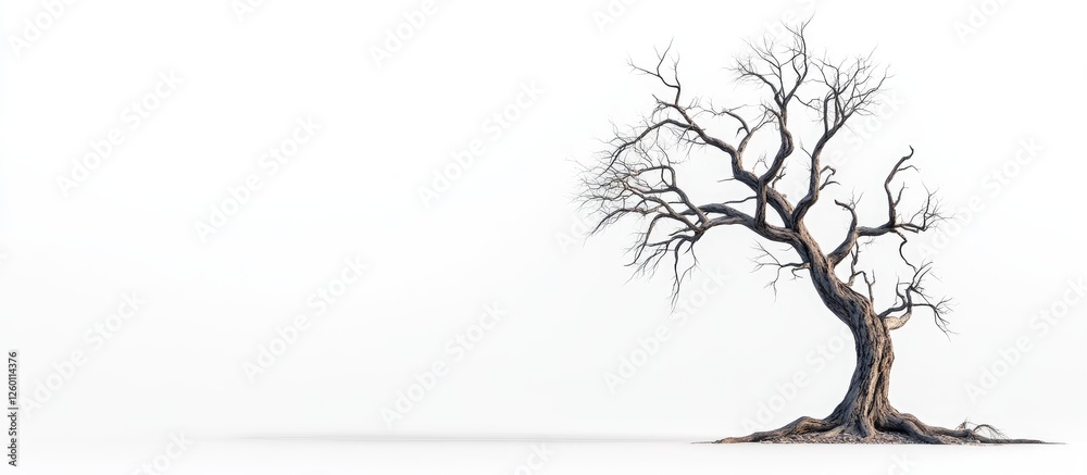 Half-dead tree with sparse branches on the left against white background, showcasing contrast of life and decay with dry textures and shadows.