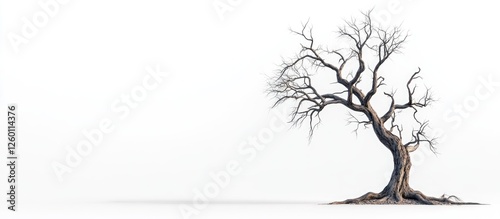 Obraz na płótnie Half-dead tree with sparse branches on the left against white background, showcasing contrast of life and decay with dry textures and shadows. w salonie
