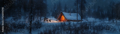 Lapland Sami Hut   A traditional Sami tentlike hut goahti deep in the Arctic wilderness, glowing warmly with a reindeer grazing nearby photo