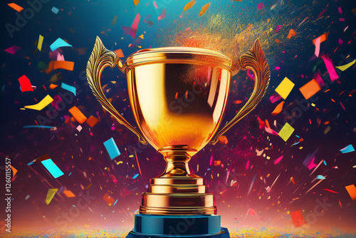 Champion trophy, shiny golden cup success, victory. Royalty high-quality free best stock of Golden trophy with colorful falling confetti explosion celebrating achievement, award ceremony