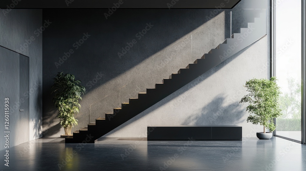 Fototapeta premium Modern interior with sleek staircase and natural light