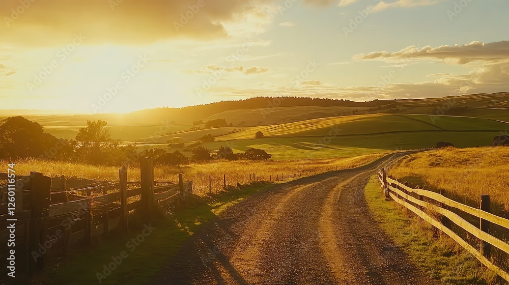 Fototapeta premium A countryside gravel road with a rustic wooden fence leading into rolling farmlands, under a soft golden sunrise.