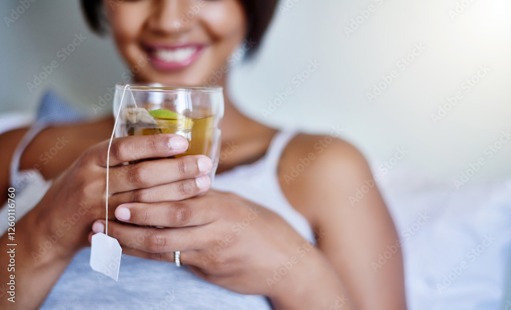 Chamomile, tea and hands of woman at house for immune booster, digestion benefits and weight loss. Female person, relax and herbal beverage for detox, anxiety solution and healing ginger of nutrition Chamomile, tea and hands of woman at house for immune booster, digestion benefits and weight loss. Female person, relax and herbal beverage for detox, anxiety solution and healing ginger of nutrition