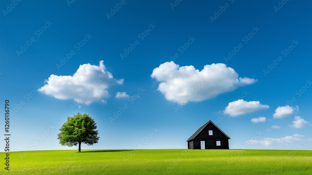Idyllic Rural Scene with House and Tree Summer Landscape with Green Field, Blue Sky, and White Clouds, Peaceful Countryside Setting, Scenic Beauty. Idyllic Rural Scene with House and Tree Summer Landscape with Green Field, Blue Sky, and White Clouds, Peaceful Countryside Setting, Scenic Beauty.