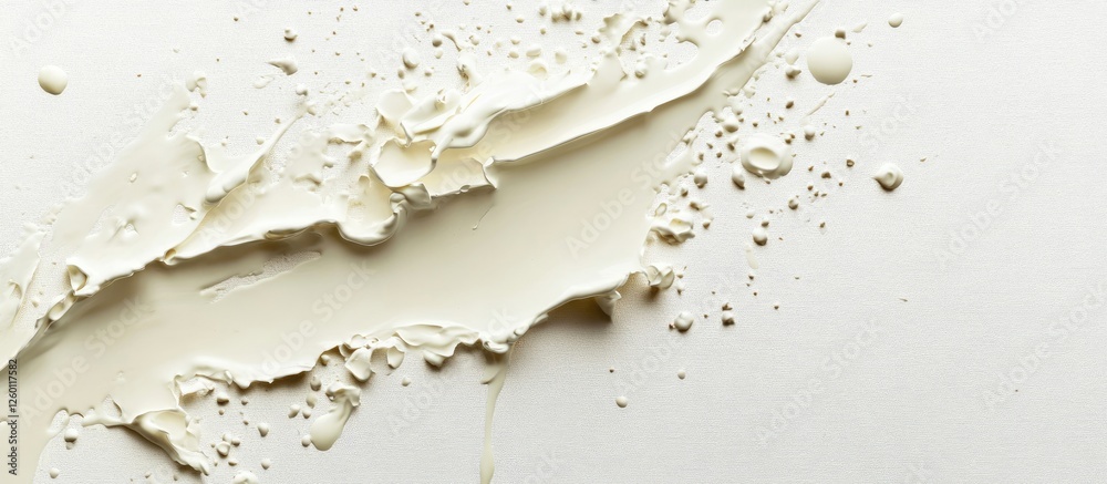 Cream paint splatter on smooth white surface showcasing contrast; elevated texture with soft tones and subtle bubbles adds artistic flair. Cream paint splatter on smooth white surface showcasing contrast; elevated texture with soft tones and subtle bubbles adds artistic flair.