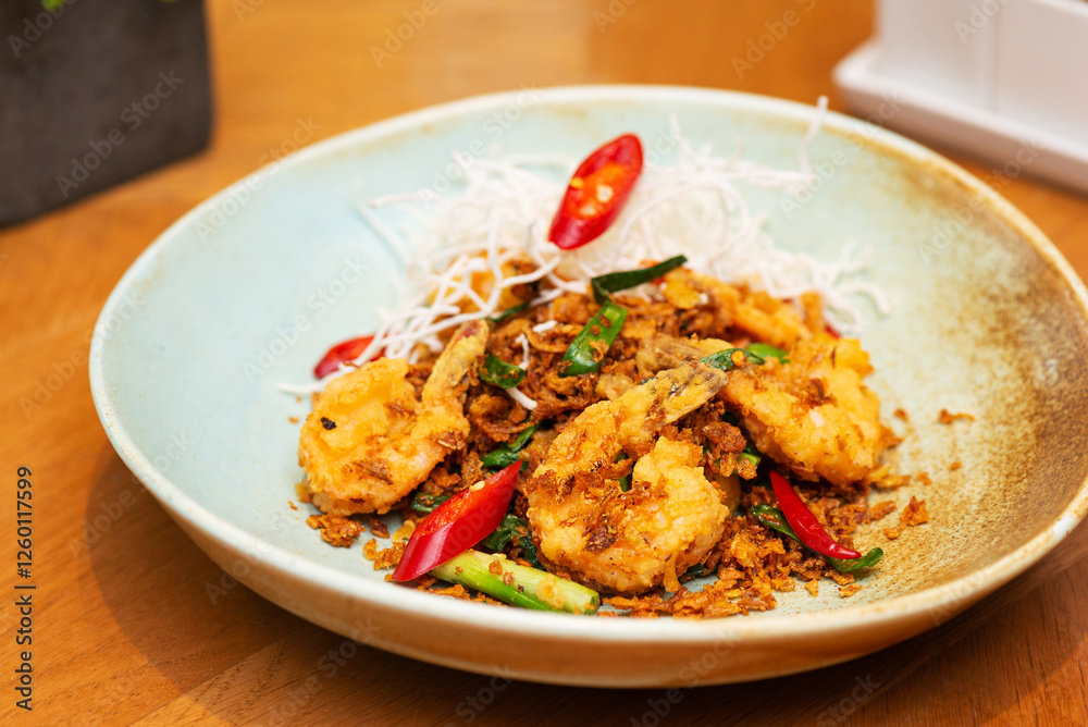 Chinese fried tiger prawns with chili, onion and herbs, Asian lunch. Chinese fried tiger prawns with chili, onion and herbs, Asian lunch.