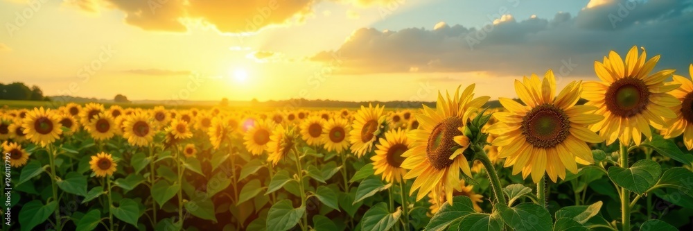 Fototapeta premium Sun-drenched sunflower field, long rays stretch across the scene , july, field, scenic