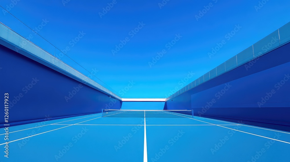 Obraz premium A detailed shot of an empty tennis stadium, with perfectly aligned courts and clear blue skies above.