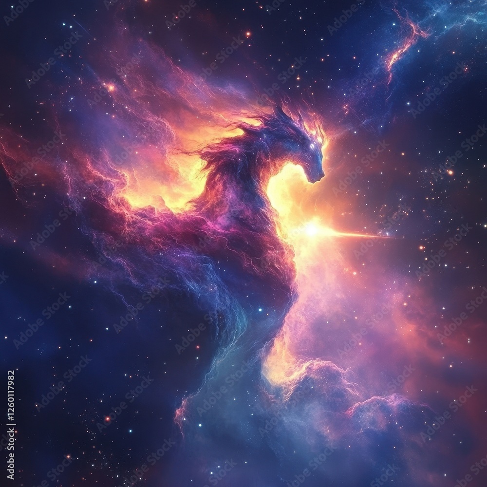 Obraz premium A cosmic dragon emerges from the vibrant celestial nebula