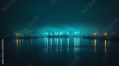 Serene Night View of Harbor with Soft Blue Fog and Lights Reflection