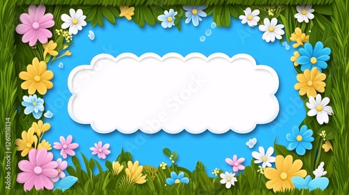 Cartoon Floral Frame with Blank Space on Blue Background