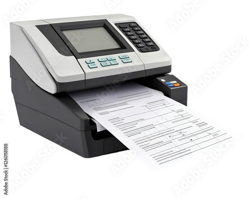 thermal receipt printer with printed invoice emerging from it, showcasing its functionality and design. This device is ideal for businesses needing efficient printing solutions