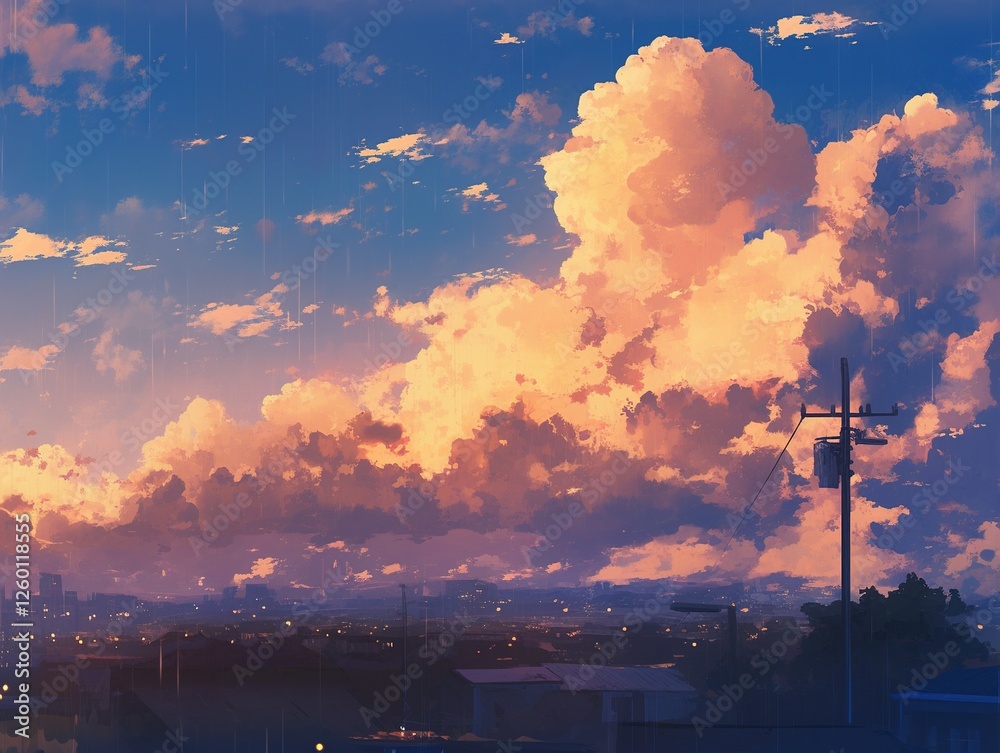 Fototapeta premium Rain falls on a town at sunset under dramatic clouds