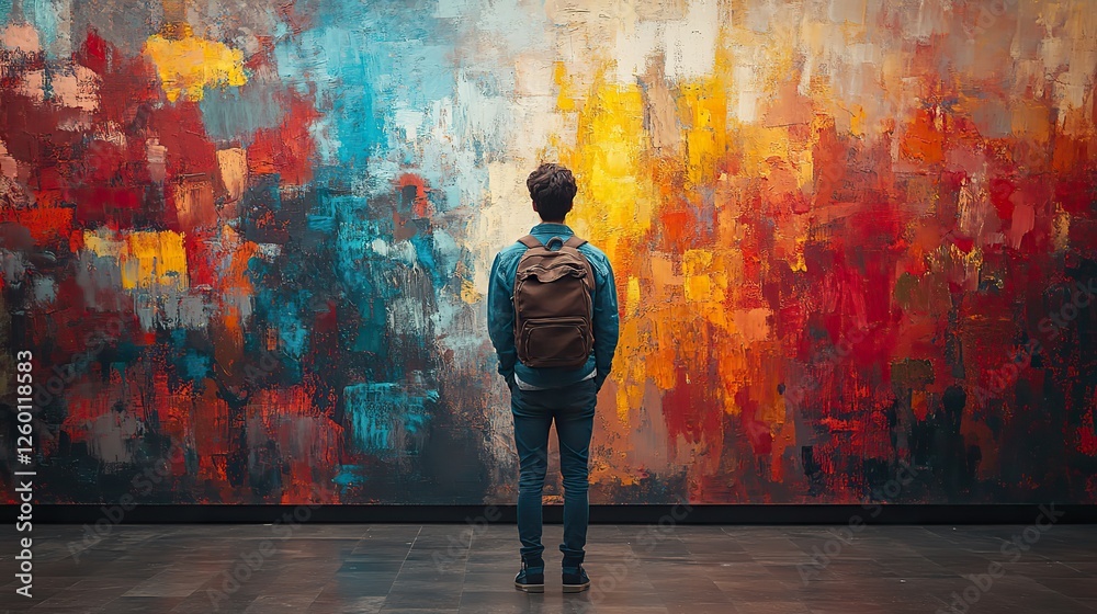Fototapeta premium facing my faith young man standing in front of an abstract painted wall rear view