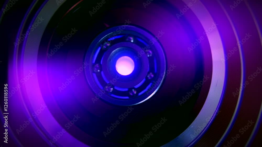 Spinning Blue Disk Lens Close-up Circle Spinner Top Metal in Red Background. Copy Space Text Idea. Technology Futuristic Idea Eye Spiral Swirl Twirl Spinning Blue Disk Lens Close-up Circle Spinner Top Metal in Red Background. Copy Space Text Idea. Technology Futuristic Idea Eye Spiral Swirl Twirl