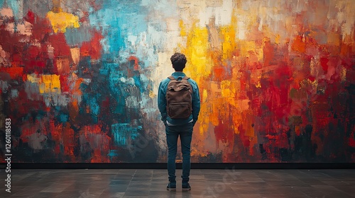 facing my faith young man standing in front of an abstract painted wall rear view