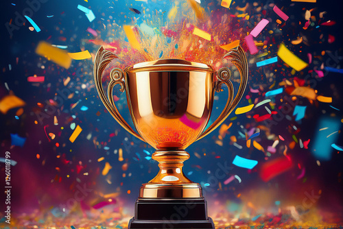 Champion trophy, shiny golden cup success, victory. Royalty high-quality free best stock of Golden trophy with colorful falling confetti explosion celebrating achievement, award ceremony