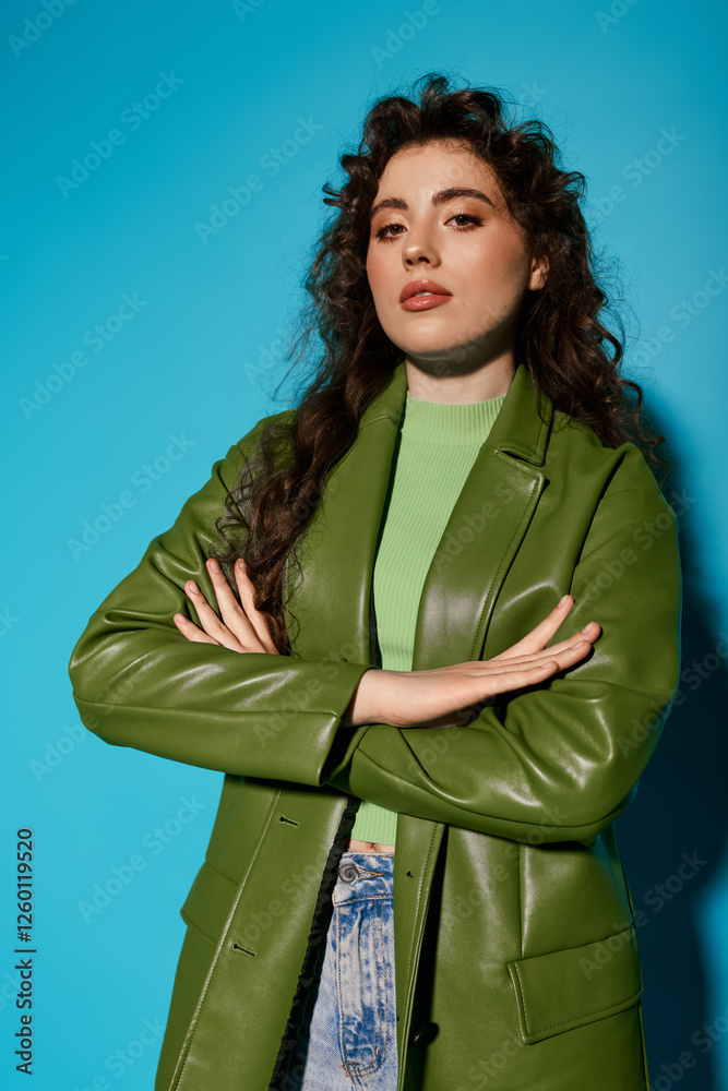 Stylish young woman poses confidently in vibrant green outfit against a blue backdrop Stylish young woman poses confidently in vibrant green outfit against a blue backdrop