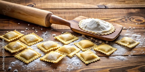 Homemade Italian ravioli with flour and rolling pin on a wooden table , fLOUR, homemade, fLOUR photo